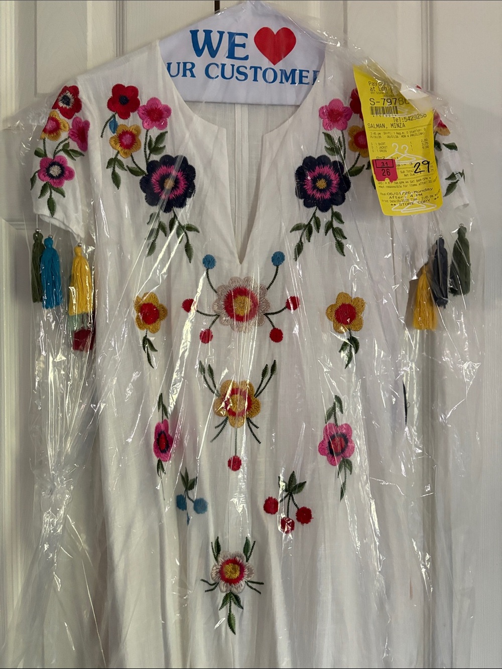 White Embroidered Floral Tunic with Colorful Tassels